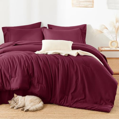 HIMEET King Comforter Set, 7-Piece Point-Quilted Bed in a Bag, Burgundy