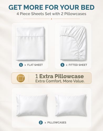 Casa Platino Twin XL Sheets Set –100% Cotton Twin XL Sheets with 2 Pillowcases, Lightweight Feel & Secure Fit, Crisp & Breathable Percale Weave with 15" Deep Pocket, Soft and Cozy – Pure White