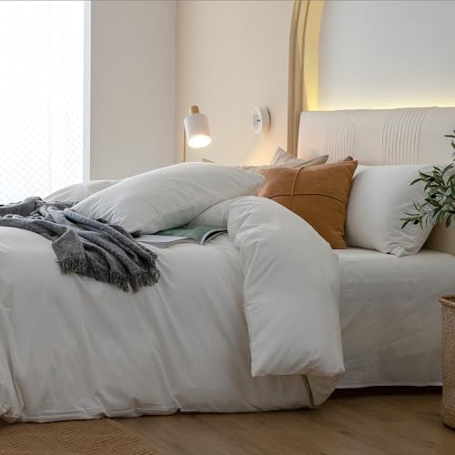 JIYUAN Super Queen Washed Cotton Duvet Cover Set Relaxed Linen Feel