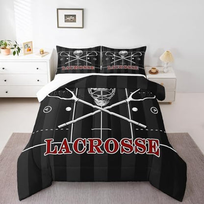 Manfei Lacrosse Comforter Set Twin Size, Sports Gaming Theme Quilt Set with 1 Pillowcase, White Lacrosse Player Bedding Set 2pcs for Kids Boys Teens Bedroom Decor