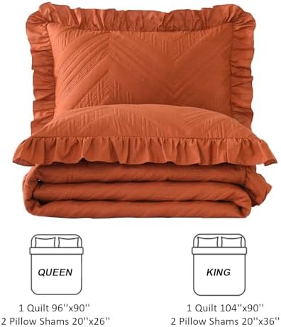 DJY Fall Queen Quilt Bedding Set, Burnt Orange Ruffled Bedspread Coverlet