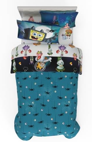 Spongebob Squarepants Kids Halloween Bedding 5 Piece Super Soft Cozy Reversible Comforter and Sheet Set with Sham, Twin, (Officially Licensed Product) By Franco