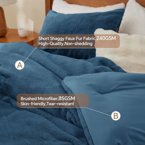 BEDELITE Faux Fur Queen Comforter Set Navy,Warm Bedding with 2 Pilowcases
