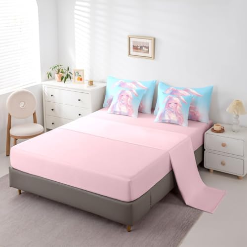 Erosebridal 3D Anime Girl Bedding Set,Japanese Girl Bed in A Bag Cartoon Anime Full Comforter Set 7 Piece for Kids Teen Women Room Decor,Pink Kawaii Rabbit Doll Blue Bed Set