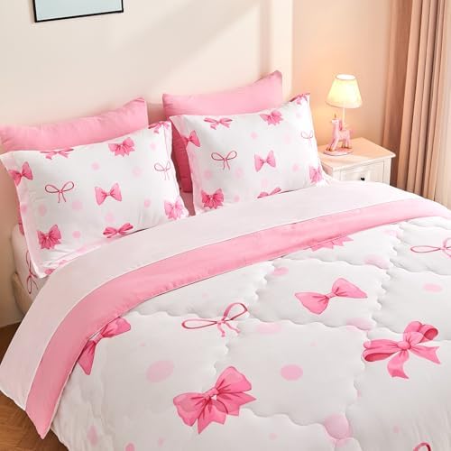 Wajade 7 Piece Pink Bow Bedding Set for Girls Kids Queen Size Comforter Set with Sheet and 2 Pillowcases 2 Pillow Shams Cute Girls Bed in a Bag as Birthday Choice