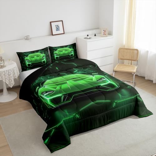 Feelyou Kids Race Car Bedding Set Toddler Size,Green Neon Lights Extreme Sports Car Comforter Set,Boys Bedroom Room Decor,Geometric Hexagon Racing Car Comforter,Cool Car Bed Set for All Season