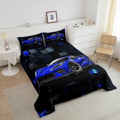 Erosebridal Race Car Twin Comforter Set for Boys Blue Sports Car Kids Bedding Set Cool Speed Race Car Down Comforter Extreme Sports Racing Competition Quilt 3D Geometric Duvet Insert