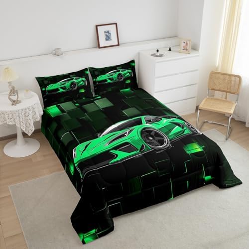 Erosebridal Racing Car Comforter Set Toddler Green Sports Car Bedding Set for Teens Extreme Theme Down Comforter Sports Grid Quilt 3D Duvet Insert 2Pcs Bedding Decor