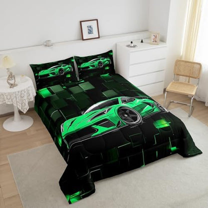 Erosebridal Racing Car Comforter Set King Green Sports Car Bedding Set for Teens Extreme Theme Down Comforter Sports Grid Quilt 3D Duvet Insert 3Pcs Bedding Decor