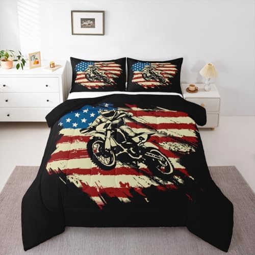 Feelyou Motocross Comforter Set Twin American Flag Pattern Bedding Set