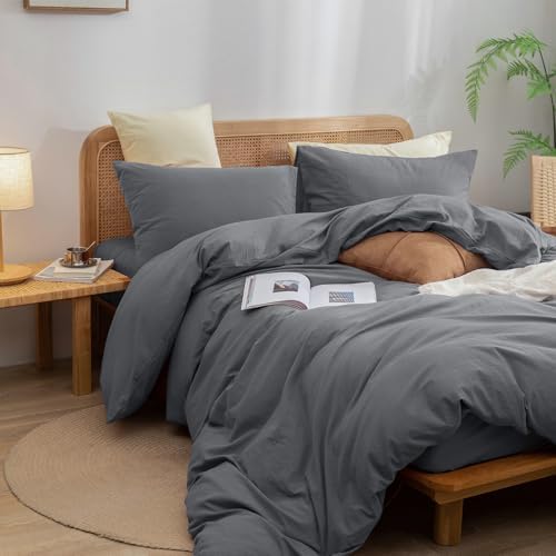 BESTOUCH Cotton Solid Duvet Cover Set Linen Feel Quiet Shade Grey Full