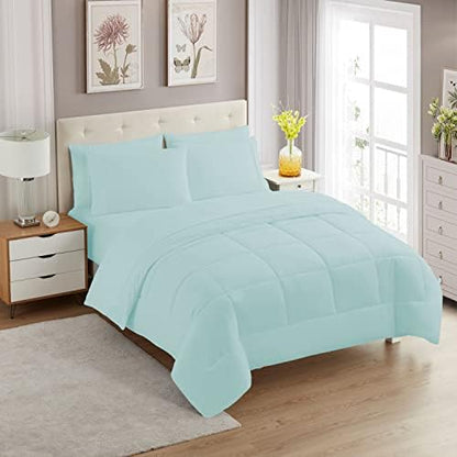 Sweet Home Collection 7 Piece Comforter Set Bag Solid Color All Season Soft Down Alternative Blanket & Luxurious Microfiber Bed Sheets, Aqua, Full