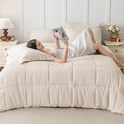 JOLLYVOGUE King Comforter Set, Ultra-Soft Bed in a Bag King Size 7 Pieces, Oeko-TEX Certified Bedding Set with Down Alternative Comforter, Sheets, Pillowcases & Shams, Beige
