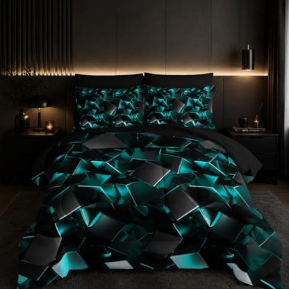 Nttopship Turquoise Black Geometric Comforter Set Twin Size 7PCS,Abstract Triangular Printed Bedding Set for Adults,Geometric Mordern Art Decor All Seasons with Pillowcases,Flat, Fitted Sheet