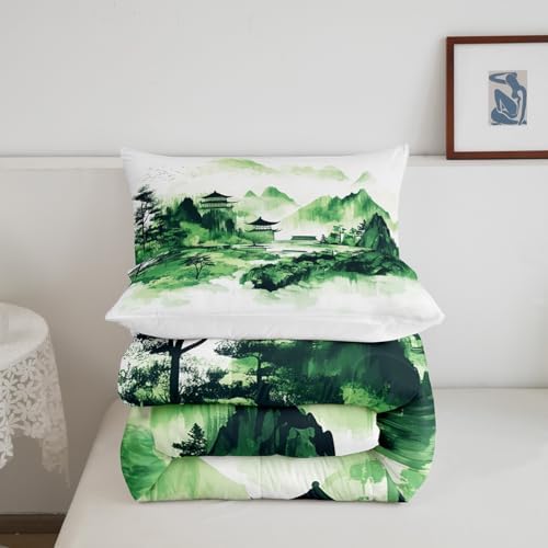 Chinese Style Bedding Set Full Size,Oriental Culture Ink Painting Comforter Set for Kids Girls Boys Adults Room Decor,Tie Dyeing Watercolor Duvet Insert 3Pcs,Mountain Tree Quilt Set,2 Pillowcases