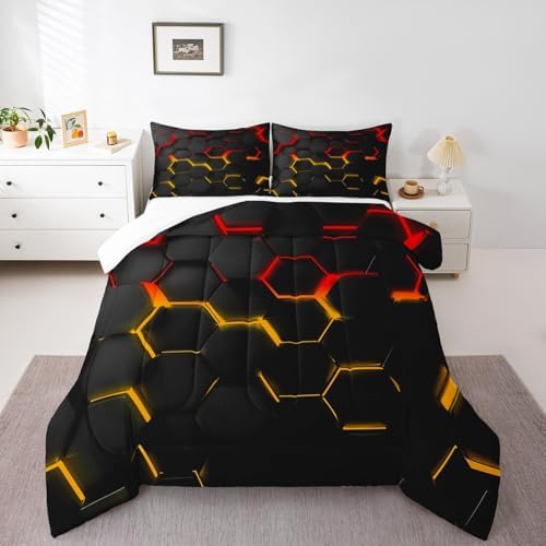 Manfei Honeycomb Comforter Set Queen Size Geometric Hexagon Bedding Set 3pcs for Kids Boys Teens Room Decor Yellow Red Neon Lights Duvet Insert Modern Fashion Luxury Down Comforter with 2 Pillowcases