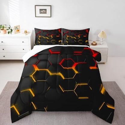 Manfei Honeycomb Comforter Set Queen Size Geometric Hexagon Bedding Set 3pcs for Kids Boys Teens Room Decor Yellow Red Neon Lights Duvet Insert Modern Fashion Luxury Down Comforter with 2 Pillowcases