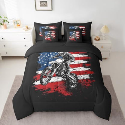 Erosebridal Motorcycle 7 Piece Bedding Set Full Size,American Flag Bed in a Bag,Extreme Sports Bed Set Includes Comforter, Sheet Set, Pillowcases & Pillow Covers All Season Bedroom Decor