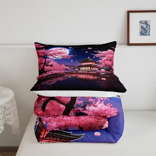 Pink Cherry Blossoms Comforter Set King Size,Japanese Style Building View Bedding Set for Kids Girls Women Men Bedroom Decor,Night Moon Quilt Set Romantic Exotic Duvet Insert,2 Pillowcases