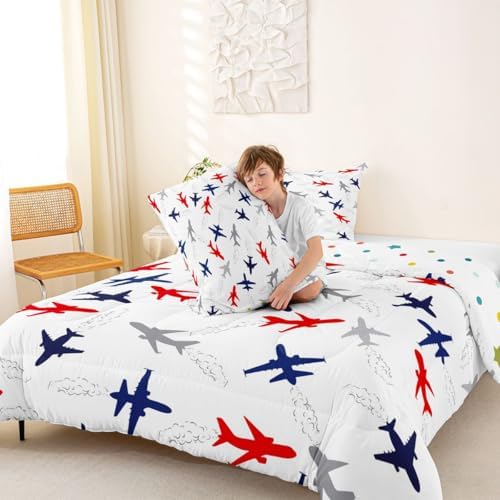 Feelyou Aircraft Flying Comforter Set Queen Size Airplane Print Bedding Set for Kids Boys Girls Air Transport Duvet Quilt Bedroom Decor Microfiber 3 Pcs with 2 Pillow Cases