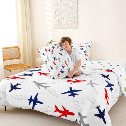 Feelyou Aircraft Flying Comforter Set Queen Size Airplane Print Bedding Set for Kids Boys Girls Air Transport Duvet Quilt Bedroom Decor Microfiber 3 Pcs with 2 Pillow Cases