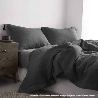 Simple&Opulence 100% Linen Duvet Cover Set with Embroidery Border Washed - 2 Pieces (1 Duvet Cover & 1 Pillow Sham) with Button Closure Soft Breathable Farmhouse - Dark Grey, Twin Size