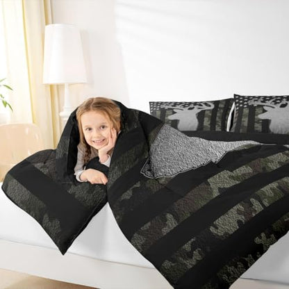 American Flag Queen Comforter Set,Army Green Camouflage Grey Antlers Down Comforter for Man Adult,Camo Deer Hunting Animal Camper Bedding Set Stars Stripes USA Flag Quilt,Farmhouse Style