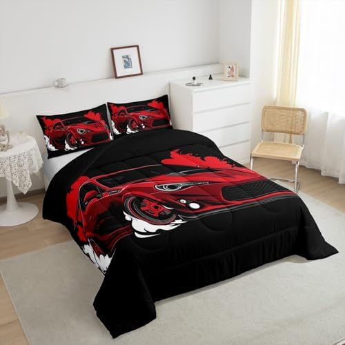 Erosebridal Red Race Car Full Comforter Set Racing Car Bedding Set for Boys Extreme Sport Car Down Comforter Teens Racing Competition Quilt Cool Sports Duvet Insert Room Decor