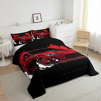 Erosebridal Red Race Car Full Comforter Set Racing Car Bedding Set for Boys Extreme Sport Car Down Comforter Teens Racing Competition Quilt Cool Sports Duvet Insert Room Decor