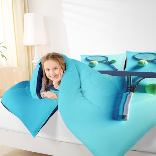 Castle Fairy Tennis Racket Bedding Set King Size Modern Fashion Sports Comforter for Child Teens Tennis Ball Gaming Down Comforter Sport Competition Duvet Insert with 2 Pillowcases