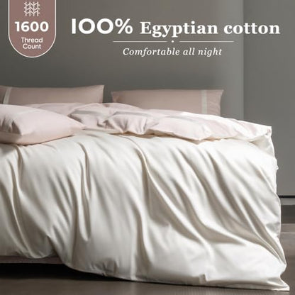 Full Size Duvet Cover, 100% Egyptian Cotton,1600 Thread Count, Reversible Duvet Cover, Soft and Breathable Satin Bedding Set, All Seasons (Heather Pink and White, 80"x90")