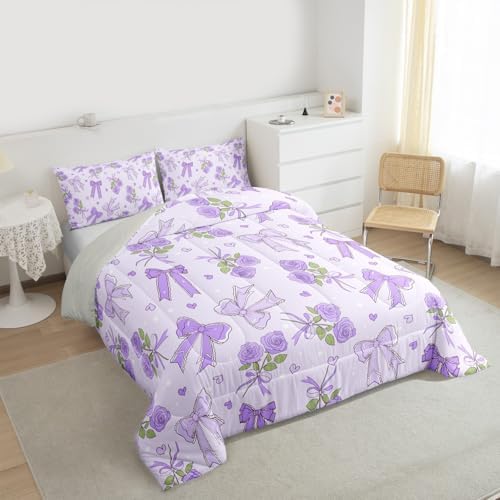 Castle Fairy Purple Bowknot Kids Comforter Set,Romantic Rose Bedding Set All Season,Boys Girls Teens Bedroom Decor,Retro Farmhouse Purple Floral Comforter Toddler Size,1 Pillowcase