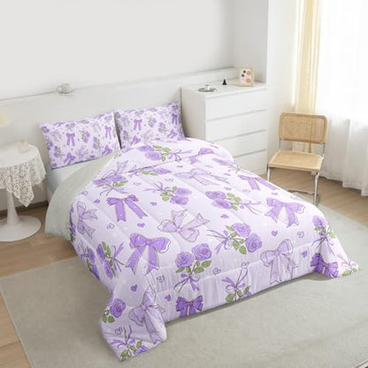 Castle Fairy Purple Bowknot Kids Comforter Set,Romantic Rose Bedding Set All Season,Boys Girls Teens Bedroom Decor,Retro Farmhouse Purple Floral Comforter Toddler Size,1 Pillowcase