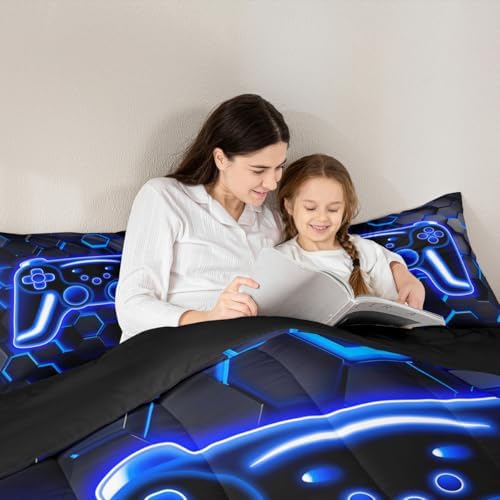 Erosebridal Gaming Comforter Set Neon Honeycomb Gamer King Bedding Set, Retro Game Console Comforter Blue Hexagon Lights Duvet Insert,Gamer Room Decor for Boys