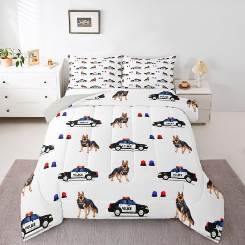 Feelyou Police Car Comforter Set Queen Size Dogs Bedding Set for Kids Boys Girls Policeman Vehicle Duvet Quilt Bedroom Decor Microfiber 3 Pcs with 2 Pillow Cases
