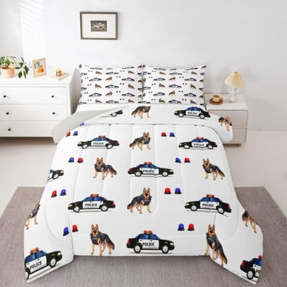 Feelyou Police Car Comforter Set Queen Size Dogs Bedding Set for Kids Boys Girls Policeman Vehicle Duvet Quilt Bedroom Decor Microfiber 3 Pcs with 2 Pillow Cases