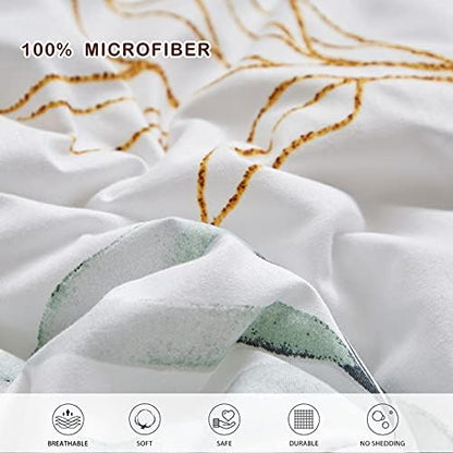 Joyreap 7 Piece Bed in a Bag King, Green Leaves Printed on White Botanical Design, Microfiber Comforter Set for All Season (1 Comforter, 2 Pillow Shams, 1 Flat Sheet, 1 Fitted Sheet, 2 Pillowcases)