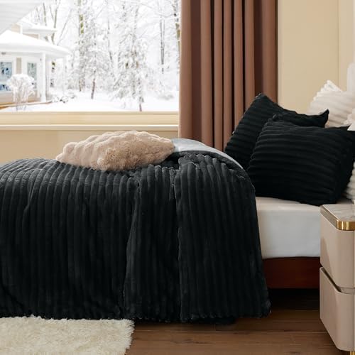 BEDELITE Fleece Full Comforter Set, Fluffy Bed Set, Black