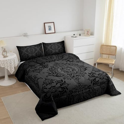 Feelyou Black Gothic Damask Floral Comforter Set Queen Size Bedding Set