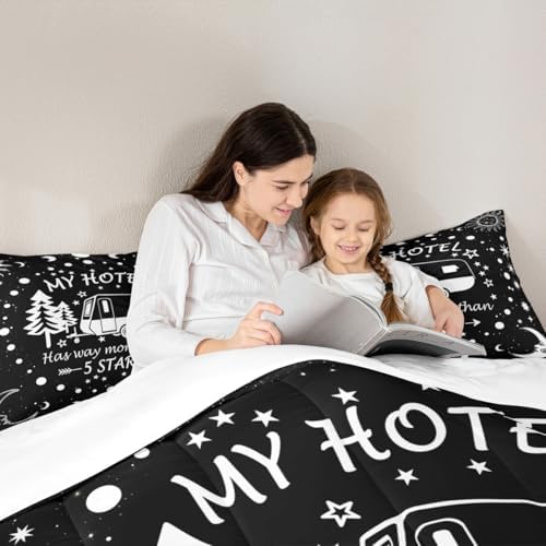 Happy Camping Comforter Set Full Size,Camper RV Trailer Decor Bedding Set 3pcs for Kids Boys Girls Adults,Sun Moon Starry Sky Romantic Down Comforter,Black White Unique Duvet Insert,2 Pillowcases