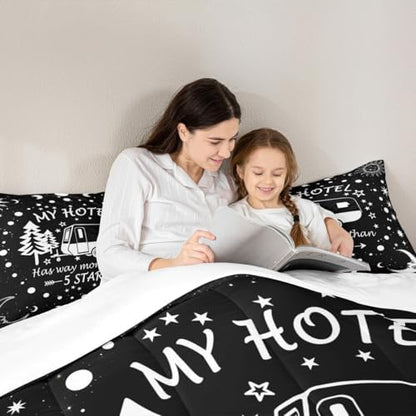 Happy Camping Comforter Set Full Size,Camper RV Trailer Decor Bedding Set 3pcs for Kids Boys Girls Adults,Sun Moon Starry Sky Romantic Down Comforter,Black White Unique Duvet Insert,2 Pillowcases