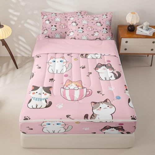 Feelyou Cat Cats Zip Comforter Set Twin Size Kids Bed in a Bag