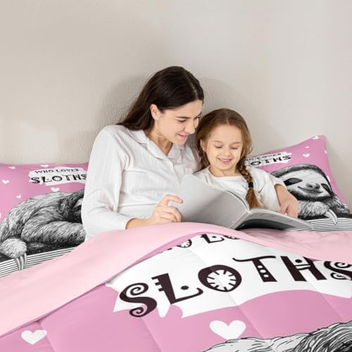 Homewish Cute Sloth Comforter Set,Wild Animals Bedding Set for Kids Girls Women,Adults Pink and Black Comforter,Sloth Pattern Quilted Duvet Set Bedroom Collection Twin Size 2Pcs