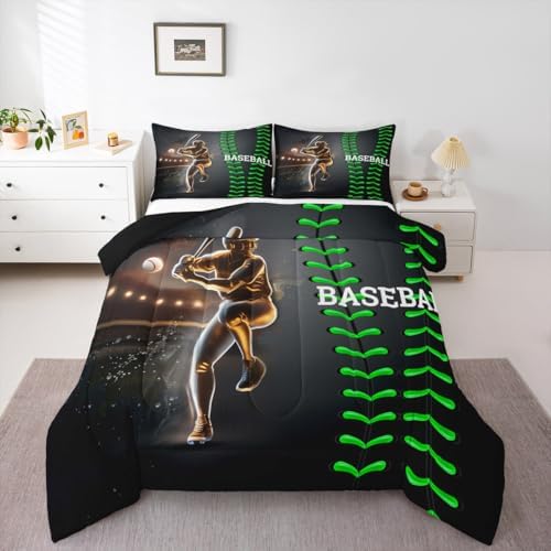 Erosebridal Baseball Bedding Set, Golden Athlete Comforter Set King Size, Sports Games Down Comforter for Kids Boys Girls Bedroom Decor, Glitter Outer Space Duvet Insert for Living Room