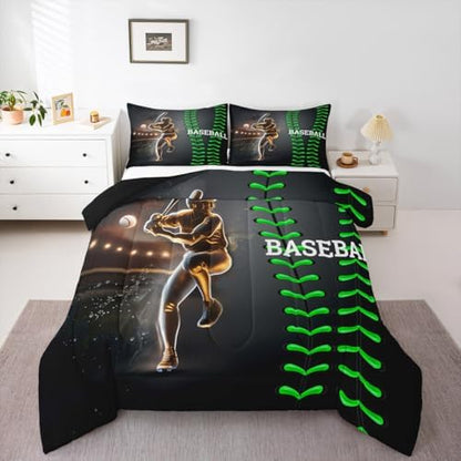 Erosebridal Baseball Bedding Set, Golden Athlete Comforter Set Full Size, Sports Games Down Comforter for Kids Boys Girls Bedroom Decor, Glitter Outer Space Duvet Insert for Living Room