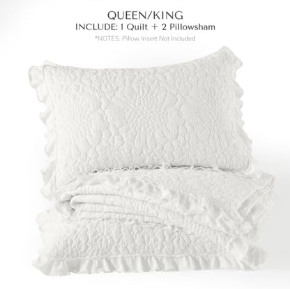 HORIMOTE HOME White Ruffled Quilt Queen Size, Stone-Washed Microfiber Lightweight Crinkled Farmhouse Rustic Shabby Chic Bedding Set, 3 Pieces Reversible Bedspread with Pillow Shams for All Season