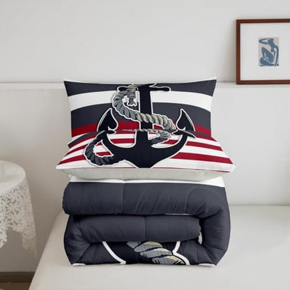Nautical Anchor Comforter Set Full Size,Black Red Stripes Bedding Set 3pcs for Kids Teens Boys Adults Room Decor,Sea Adventure Themed Quilt Set Geometric Abstract Duvet Insert,2 Pillowcases