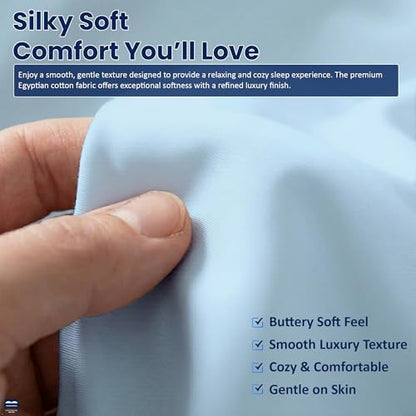 Cottingon 4 Piece RV King Sheets Fits 15" Deep, Egyptian Cotton, Light Blue