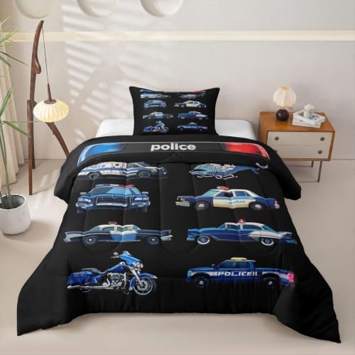 Feelyou Police Car Comforter Set Toddler Size Cartoon Car Bedding Set for Kids Boys Girls Policeman Vehicle Duvet Quilt Bedroom Decor Microfiber 2 Pcs with 1 Pillow Case