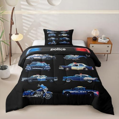 Feelyou Police Car Comforter Set Toddler Size Cartoon Car Bedding Set for Kids Boys Girls Policeman Vehicle Duvet Quilt Bedroom Decor Microfiber 2 Pcs with 1 Pillow Case